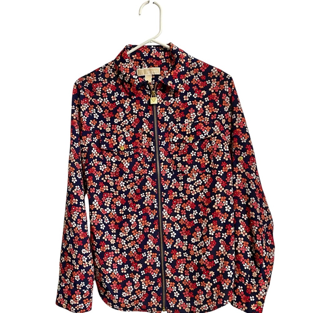 Michael Kors Navy Floral Zip Shirt with Red, Orange & White Blooms